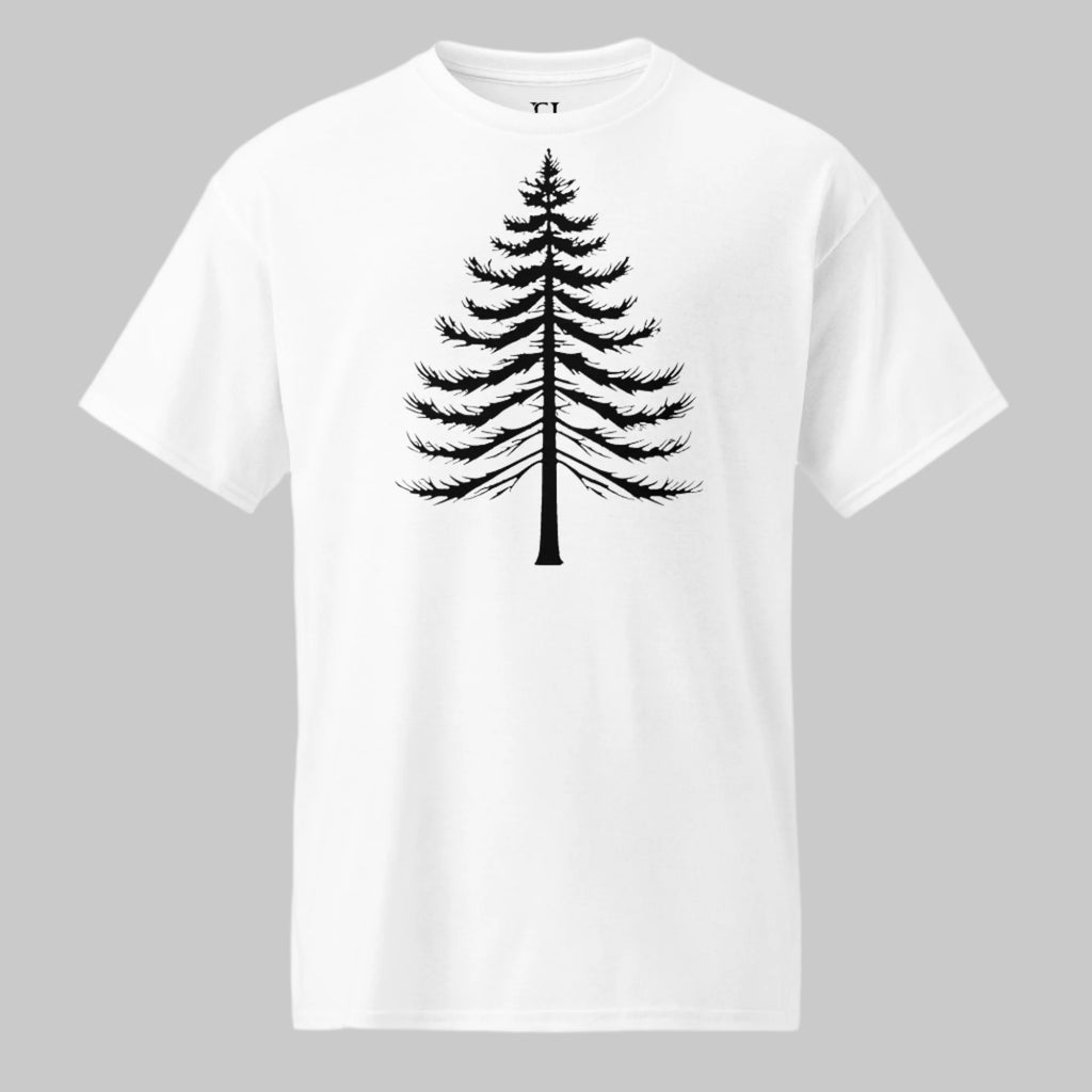 Front of Lone Pine T-Shirt in White with a Pine Tree Silhouette design.