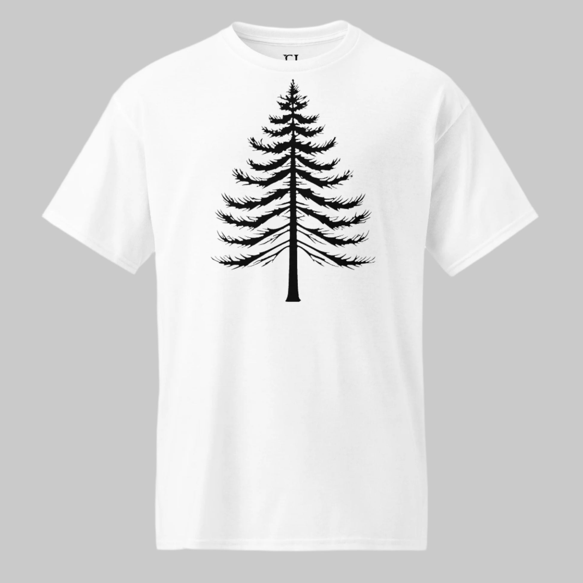 Front of Lone Pine T-Shirt in White with a Pine Tree Silhouette design.