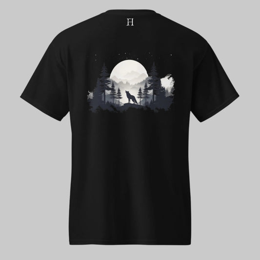 Back of Lunar Howl T-shirt in Black with Wolf Howling in front of the Moon Design.