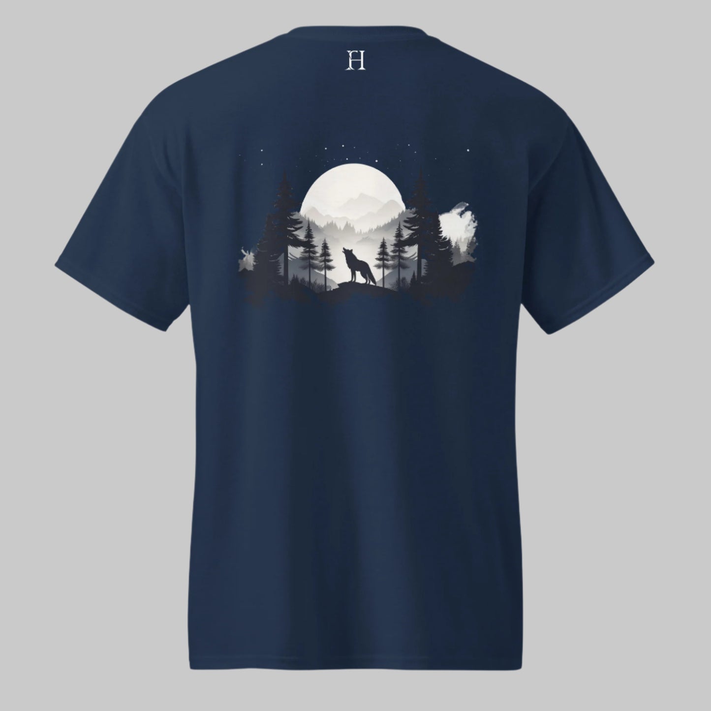 Back of Lunar Howl T-shirt in Navy with Wolf Howling in front of the Moon Design.