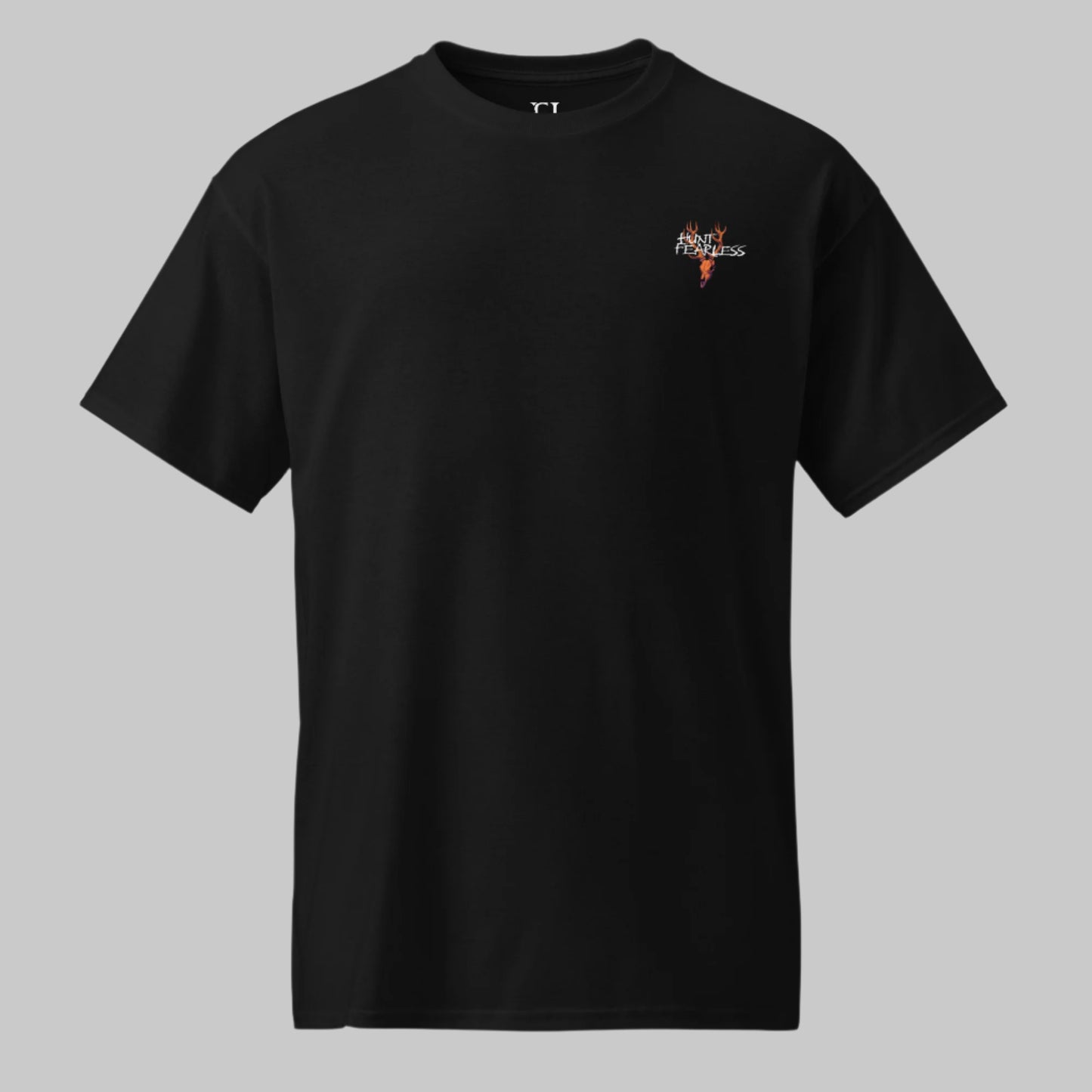 Front of Lunar Howl T-Shirt in Black with deer logo and the words Hunt Fearless.