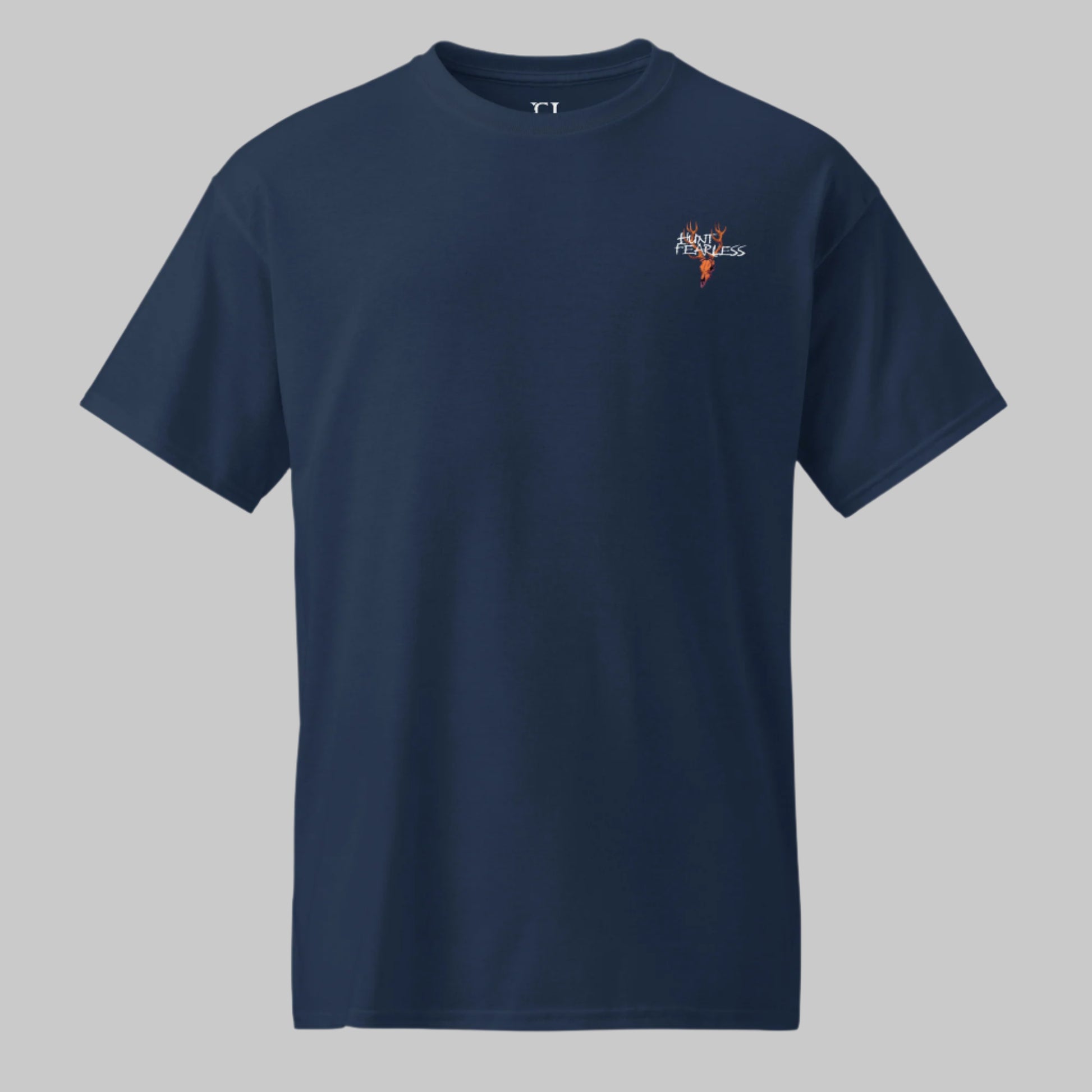 Front of Lunar Howl T-Shirt in Navy with deer logo and the words Hunt Fearless.