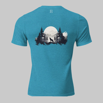 Back of Lunar Howl T-shirt in Aqua with Wolf Howling in front of the Moon Design.