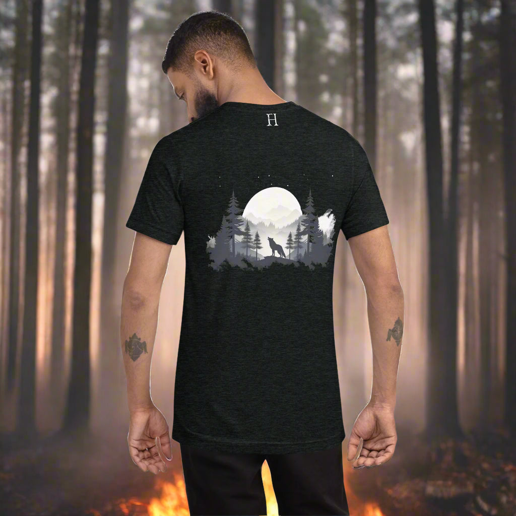 Back of Man wearing Lunar Howl T-shirt in Black with Wolf Howling in front of the Moon Design.