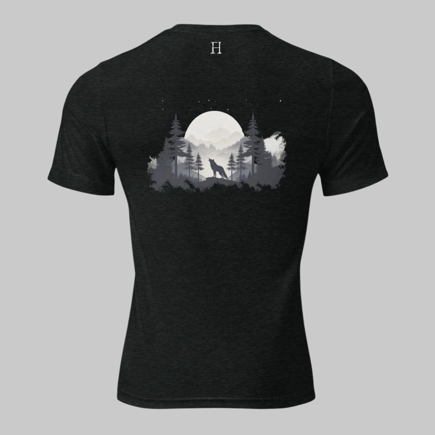 Back of Lunar Howl T-shirt in Charcoal with Wolf Howling in front of the Moon Design.