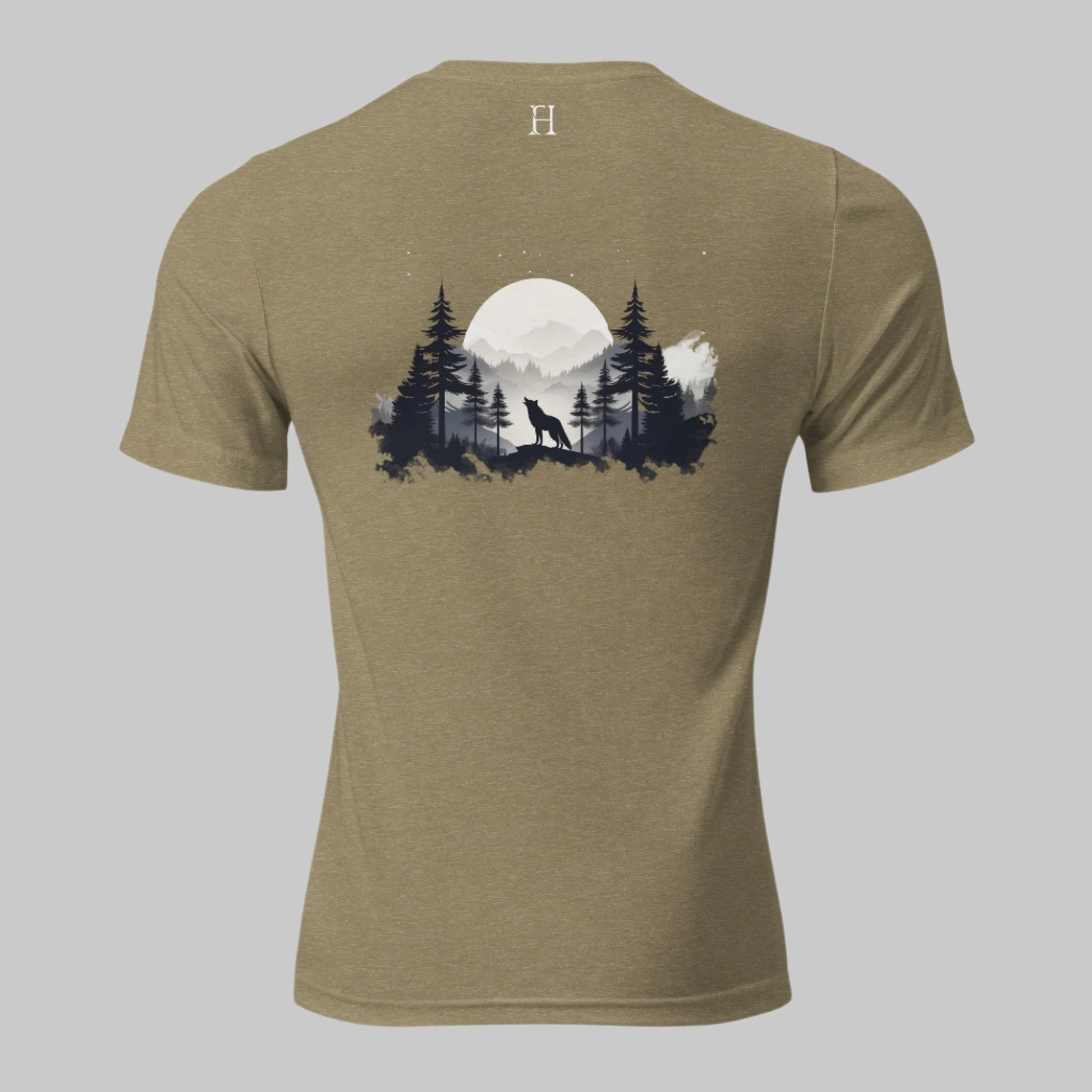 Back of Lunar Howl T-shirt in Olive with Wolf Howling in front of the Moon Design.