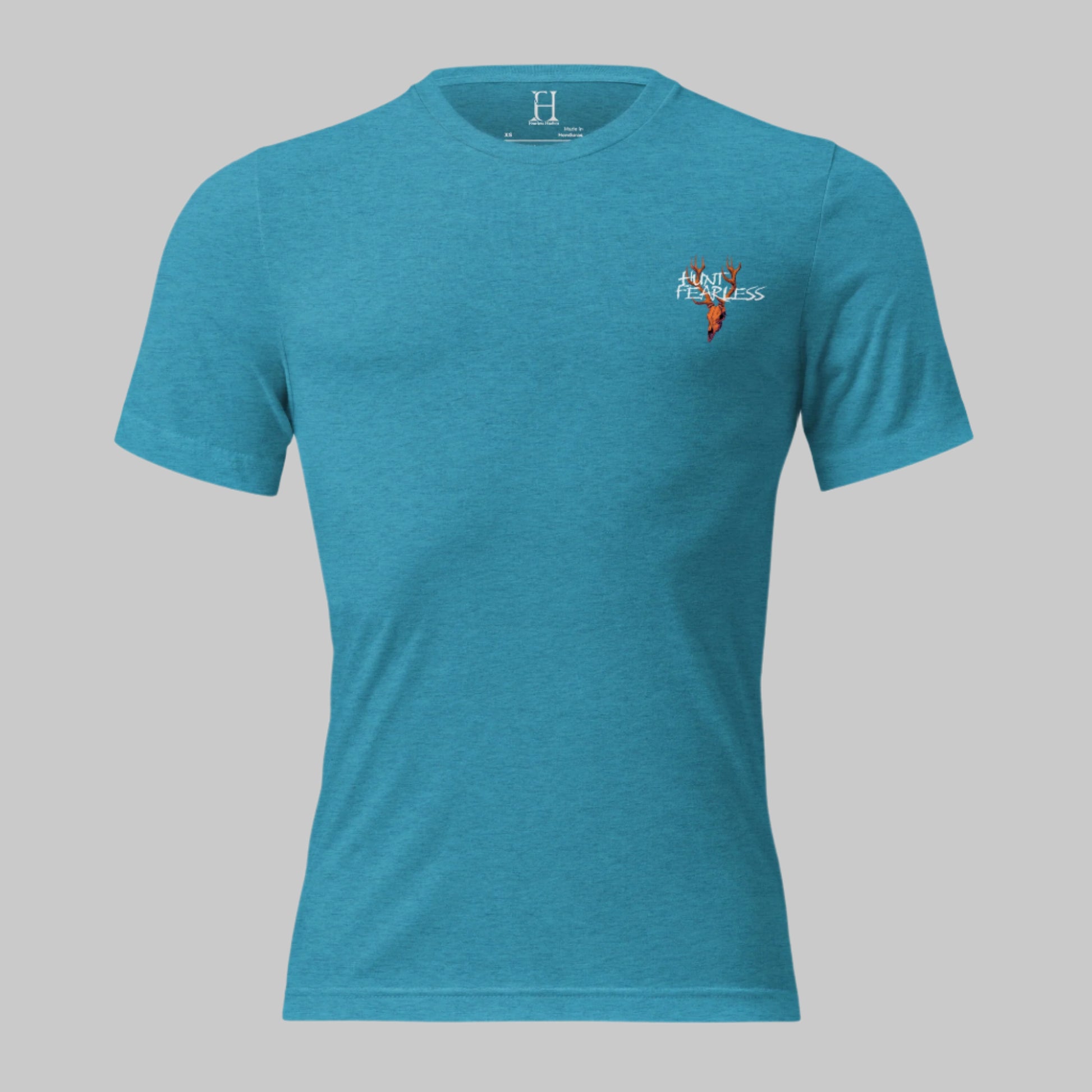 Front of Lunar Howl T-Shirt in Aqua with deer logo and the words Hunt Fearless.