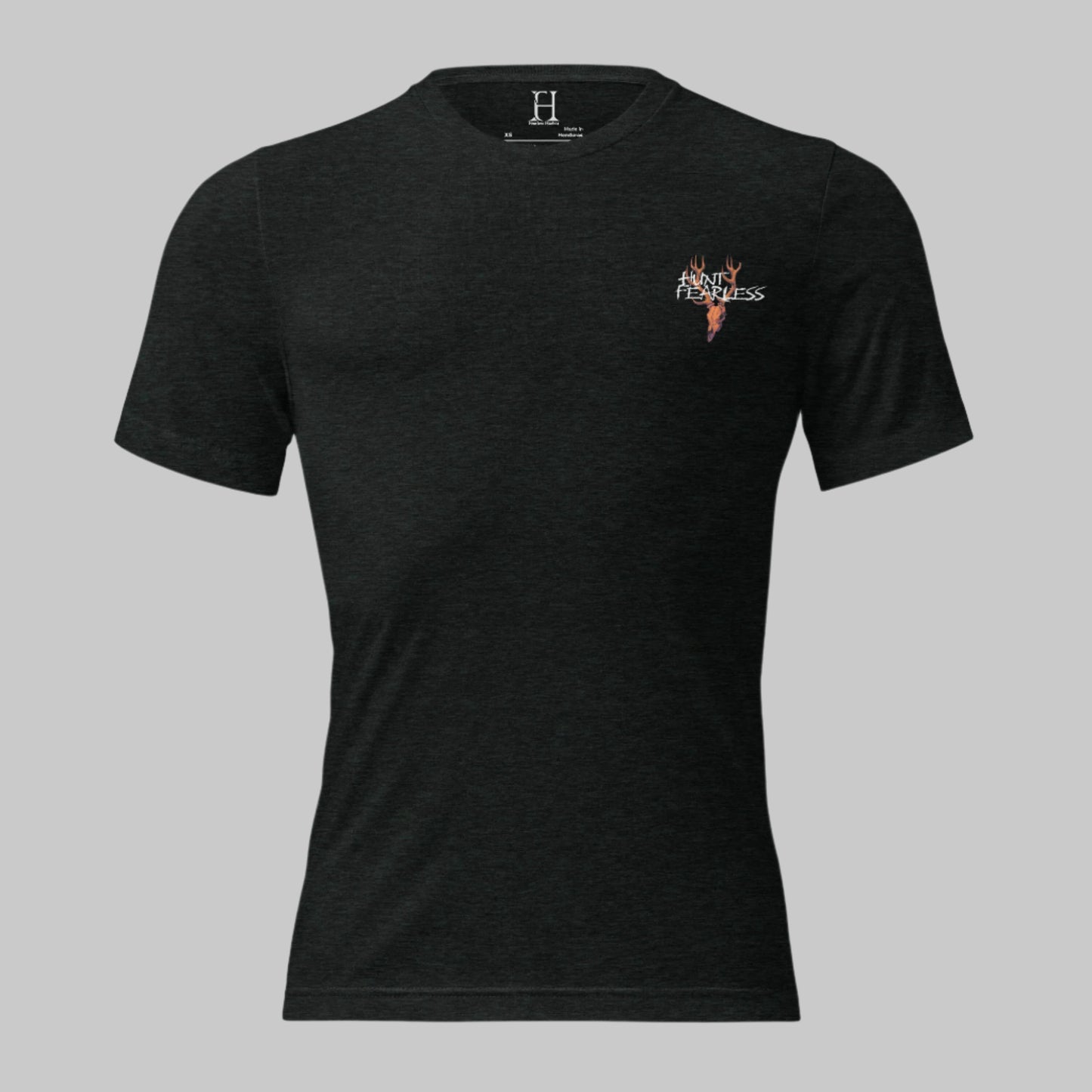 Front of Lunar Howl T-Shirt in Charcoal with deer logo and the words Hunt Fearless.