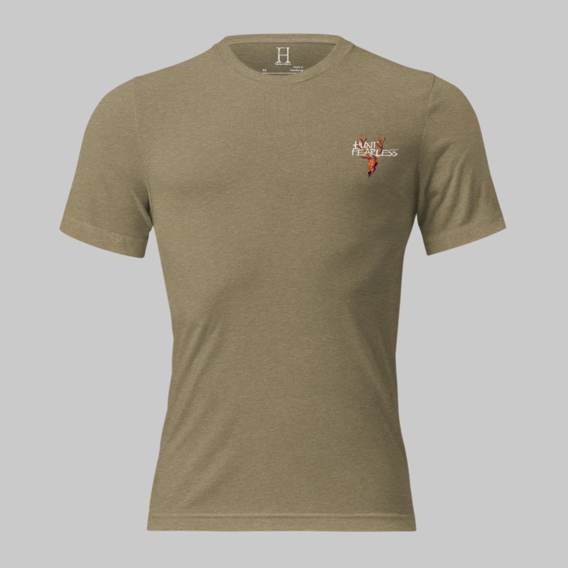 Front of Lunar Howl T-Shirt in Olive with deer logo and the words Hunt Fearless.