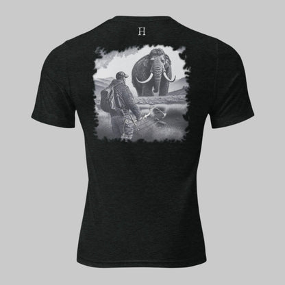 Back of T-shirt in Black with a Bow Hunter stumbling upon a Mammoth design, and FH logo in white.