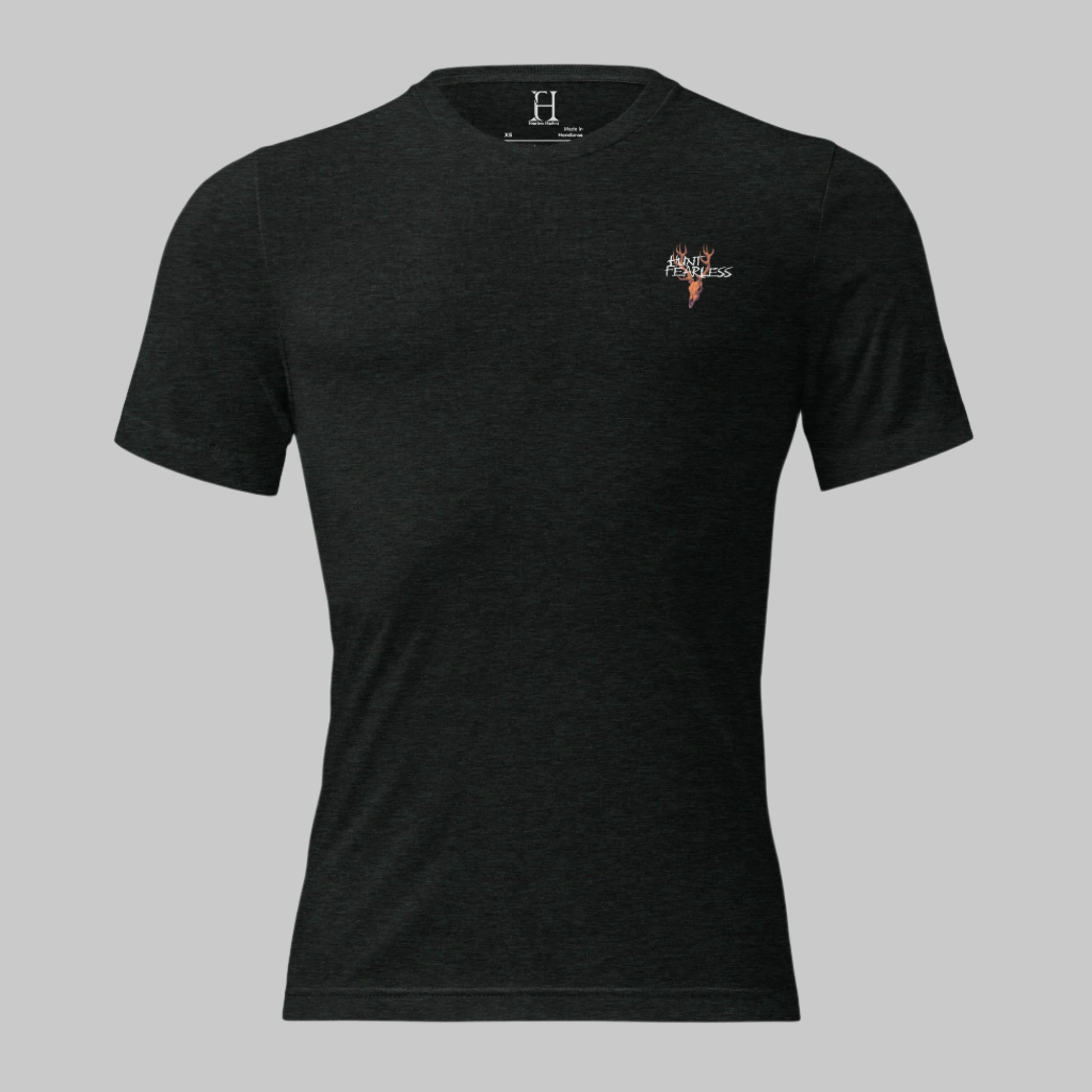 Front of Mammoth Bow Hunt T-Shirt in Black with deer logo and the words Hunt Fearless.