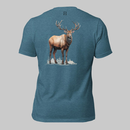 Back of Mighty T-Shirt in Deep Teal with Bull Elk design, and FH logo near collar in Black.