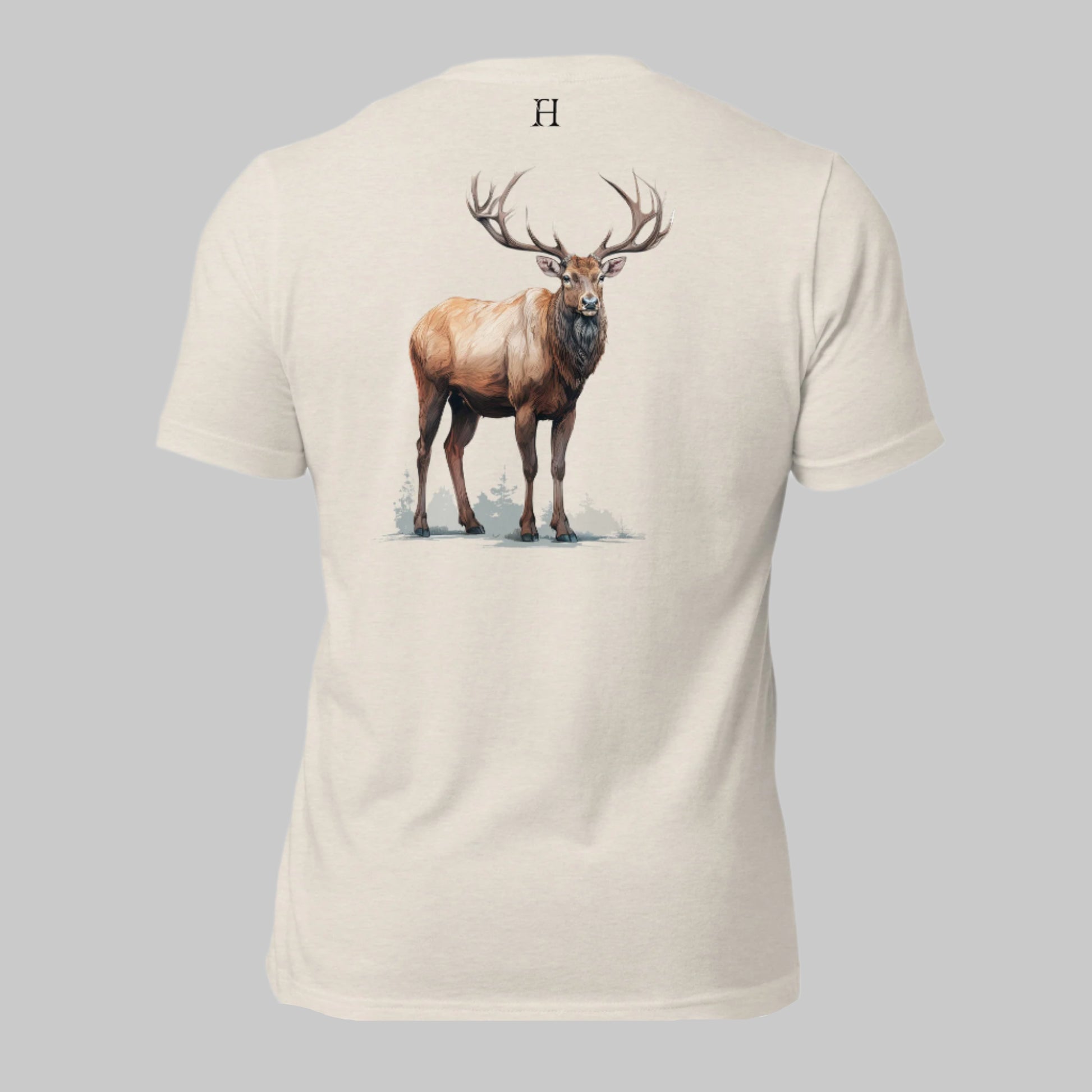 Back of Mighty T-Shirt in Dust with Bull Elk design, and FH logo near collar in Black.