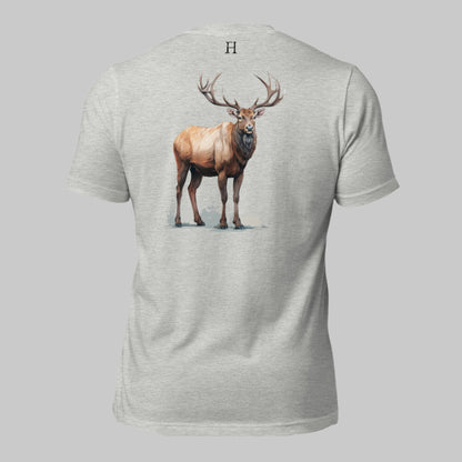 Back of Mighty T-Shirt in Grey with Bull Elk design, and FH logo near collar in Black.