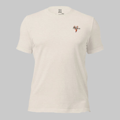 Front of Mighty Bull Elk T-Shirt in Dust with deer logo and the words Hunt Fearless.