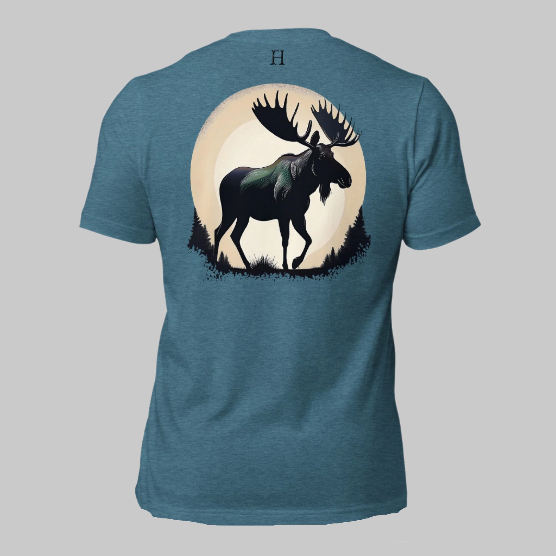 Back of Ridge T-Shirt in Deep Teal with Mighty Bull Moose design, and FH logo near collar in Black.