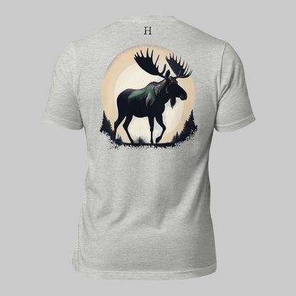 Back of Ridge T-Shirt in Grey with Mighty Bull Moose design, and FH logo near collar in Black.