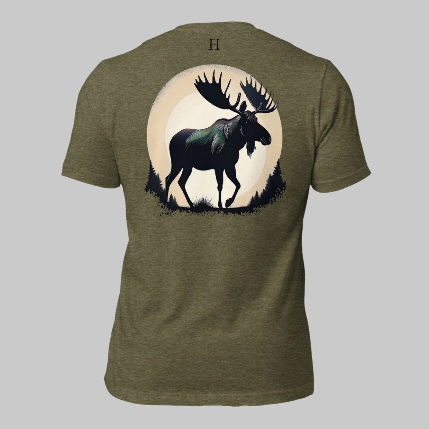 Back of Ridge T-Shirt in Olive with Mighty Bull Moose design, and FH logo near collar in Black.