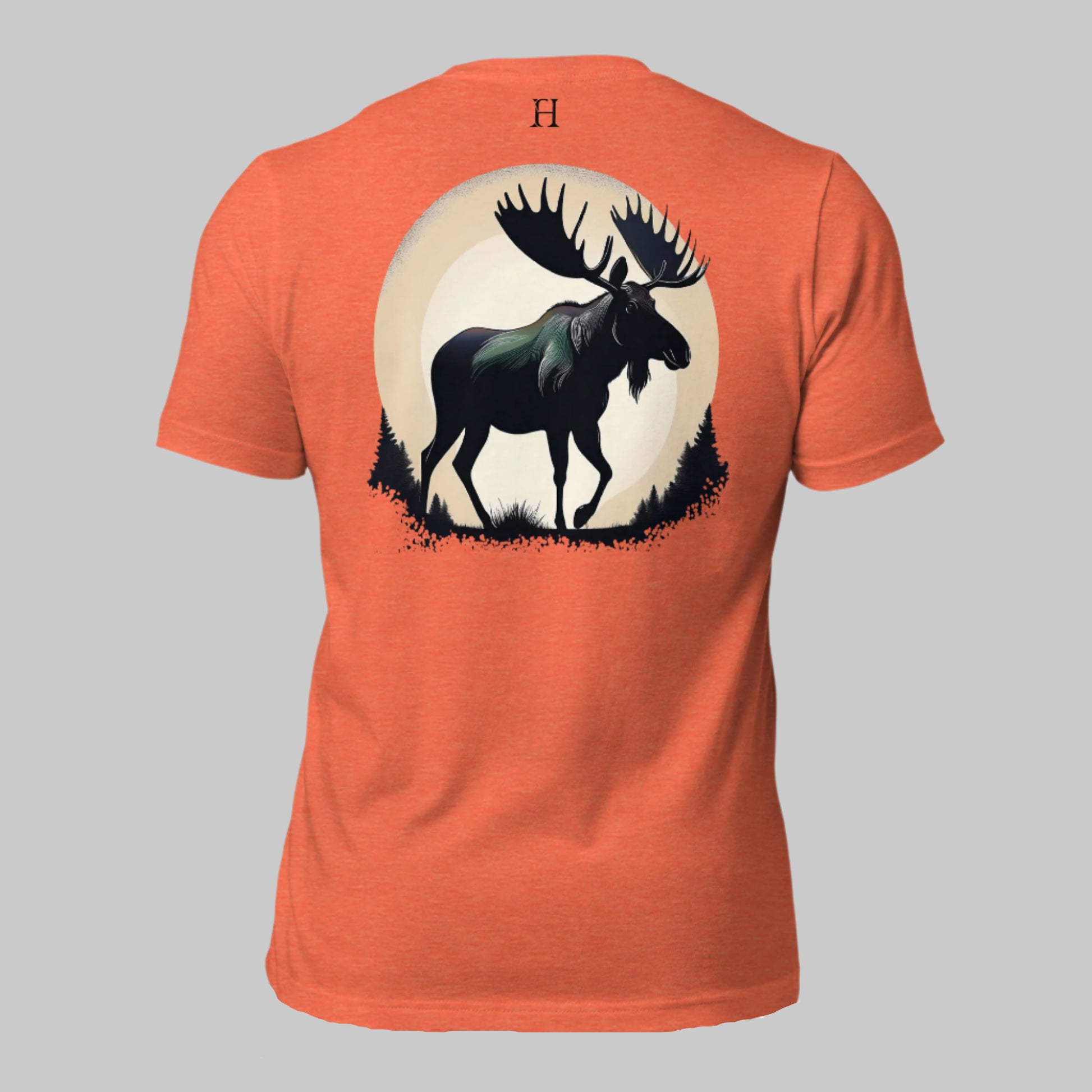 Back of Ridge T-Shirt in Orange with Mighty Bull Moose design, and FH logo near collar in Black.