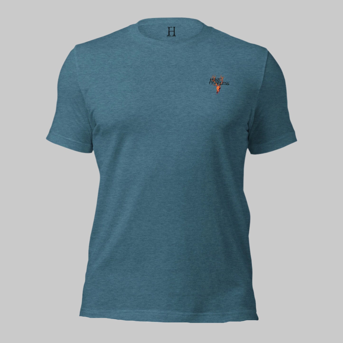 Front of Mighty Moose Ridge T-Shirt in Deep Teal with deer logo and the words Hunt Fearless.