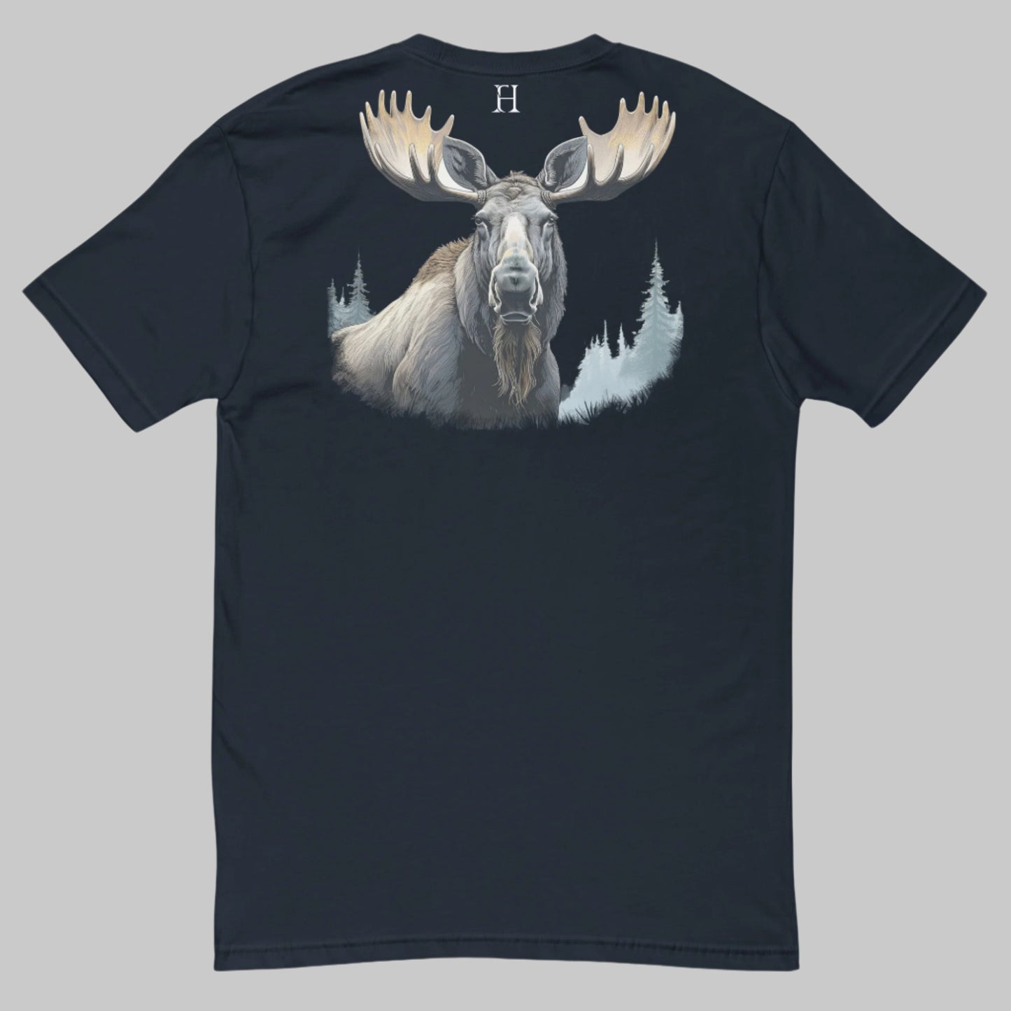 Back of Mighty Moose T-Shirt in Midnight Navy with a colorful buck deer graphic, and FH logo at top center in white.