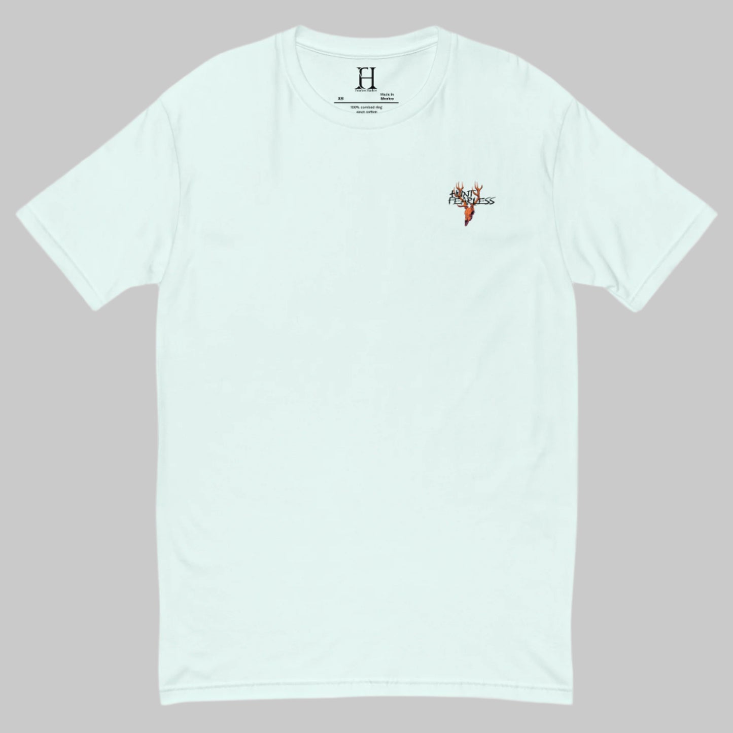 Front of Mighty Moose T-Shirt in Light Blue, with deer logo and the words Hunt Fearless.