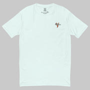 Front of Mighty Moose T-Shirt in Light Blue, with deer logo and the words Hunt Fearless.