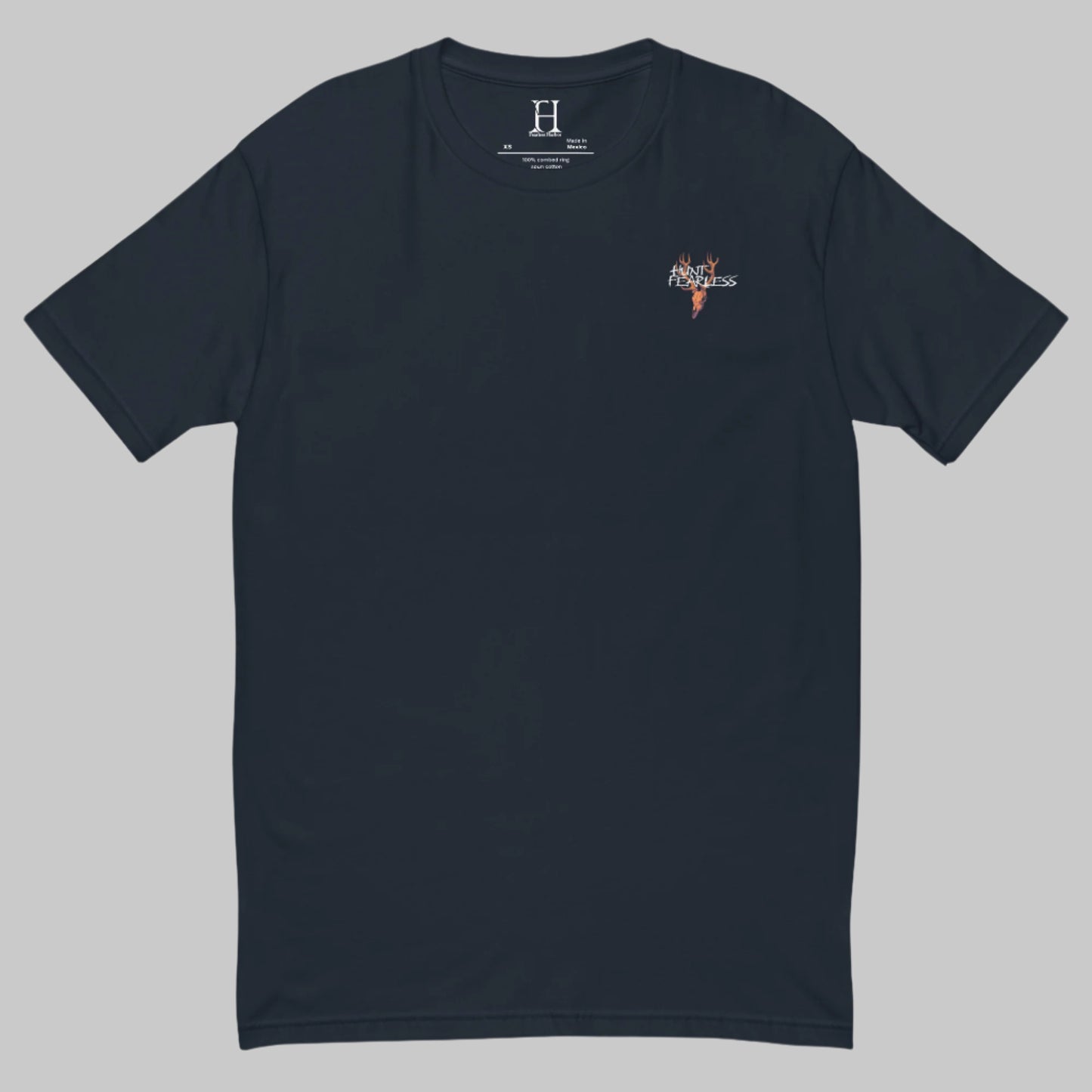 Front of Mighty Moose T-Shirt in Midnight Navy, with deer logo and the words Hunt Fearless.