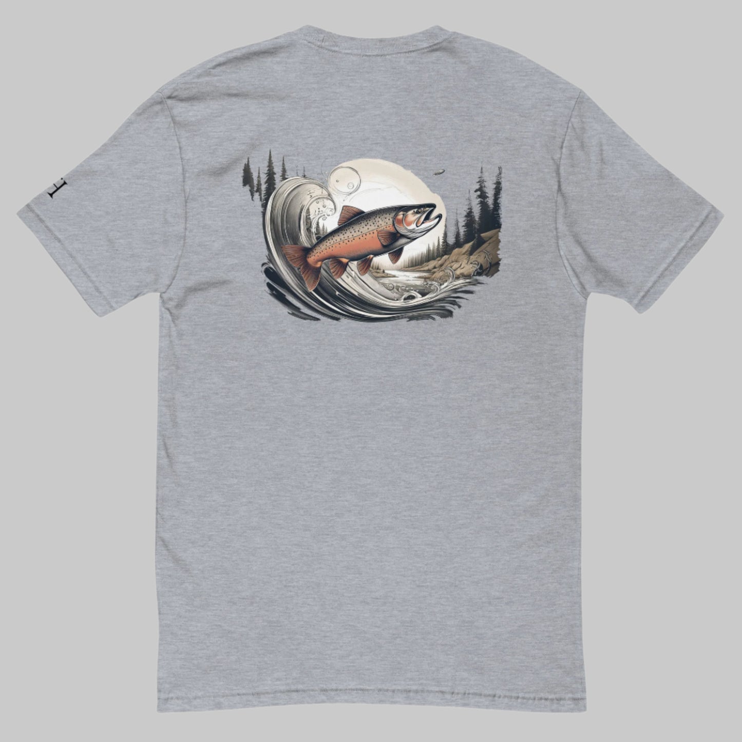 Back of Men's Minimalist River Fish Tee in Grey with a fish jumping out of water graphic.