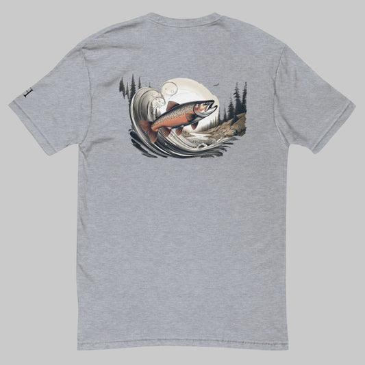 Back of Men's Minimalist River Fish Tee in Grey with a fish jumping out of water graphic.