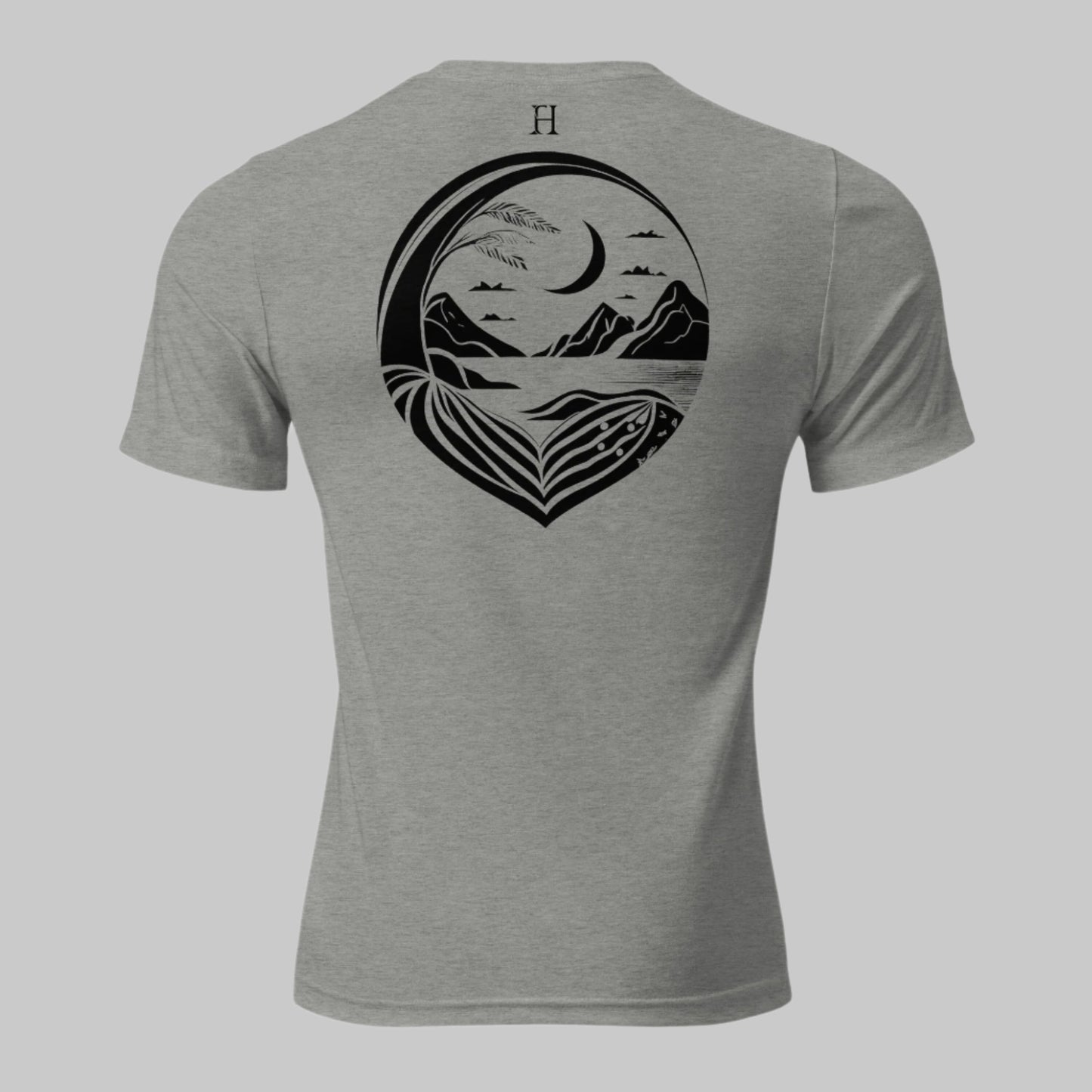 Back of Moon Harbor T-Shirt in Grey with a scenic beach harbor at night design, FH logo at center top near collar.