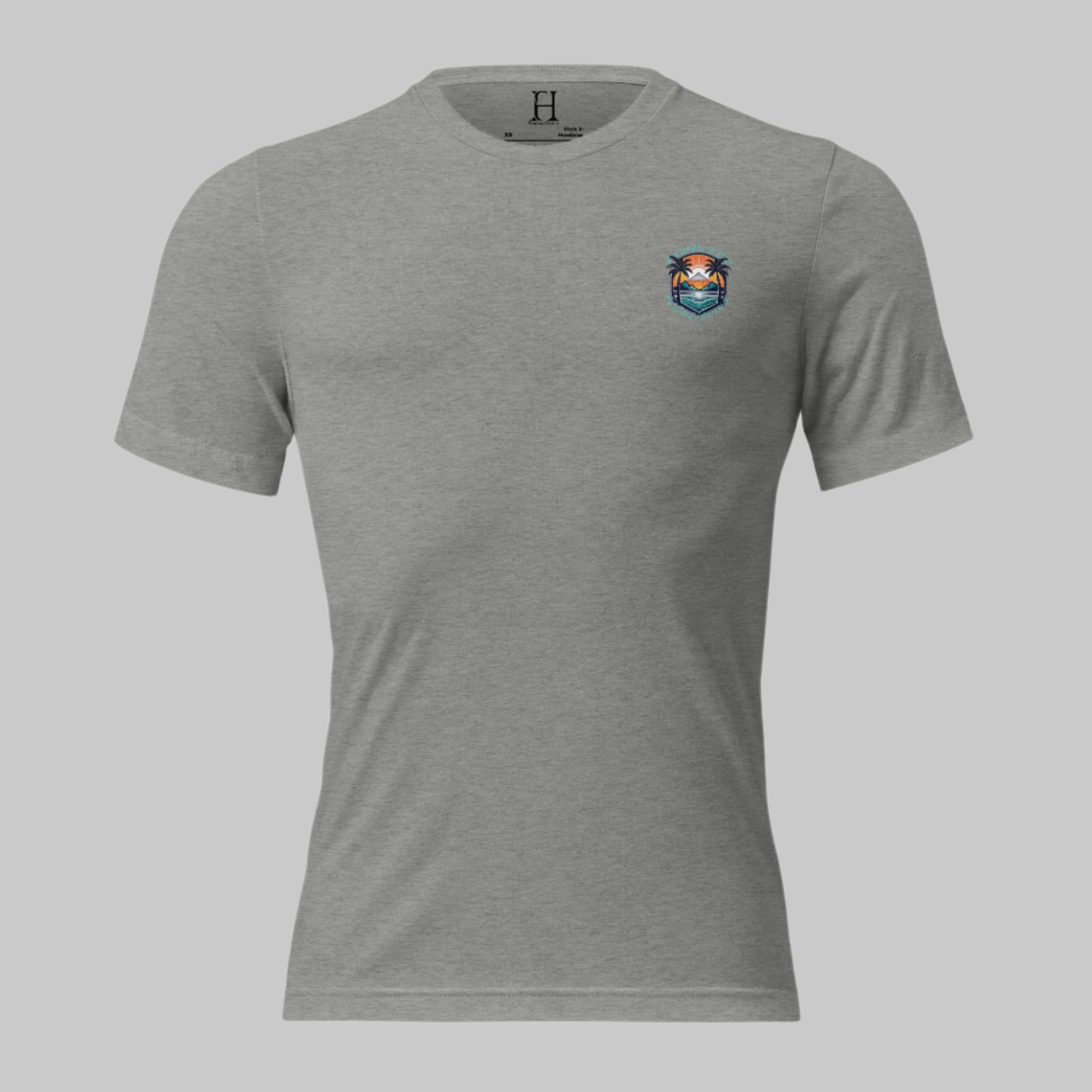 Front of Moon Harbor T-Shirt in Grey, with Beach logo on top left and words Fearless Flourishing.