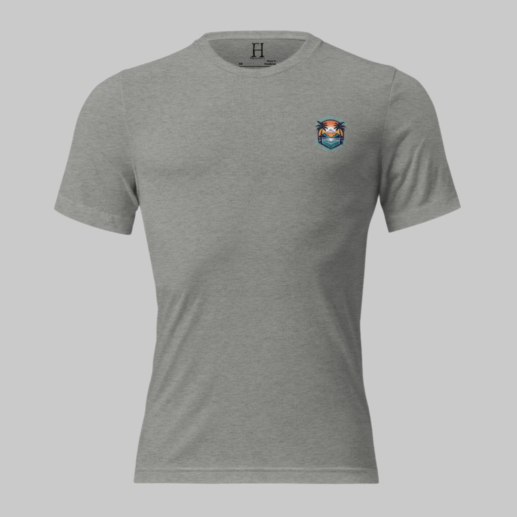 Front of Moon Harbor T-Shirt in Grey, with Beach logo on top left and words Fearless Flourishing.