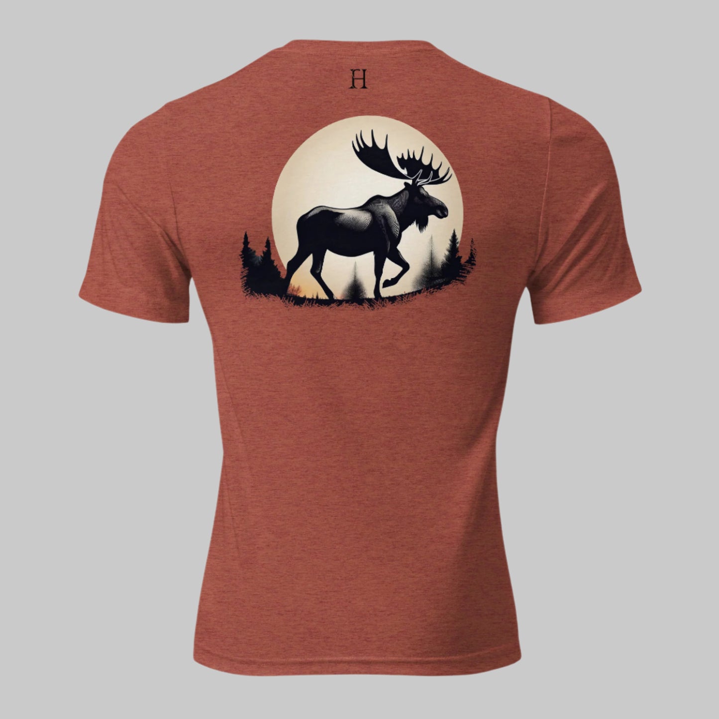 Back of Eclipse Tee in Clay with Bull Moose in front of Full Moon Silhouette design, and FH logo in black.