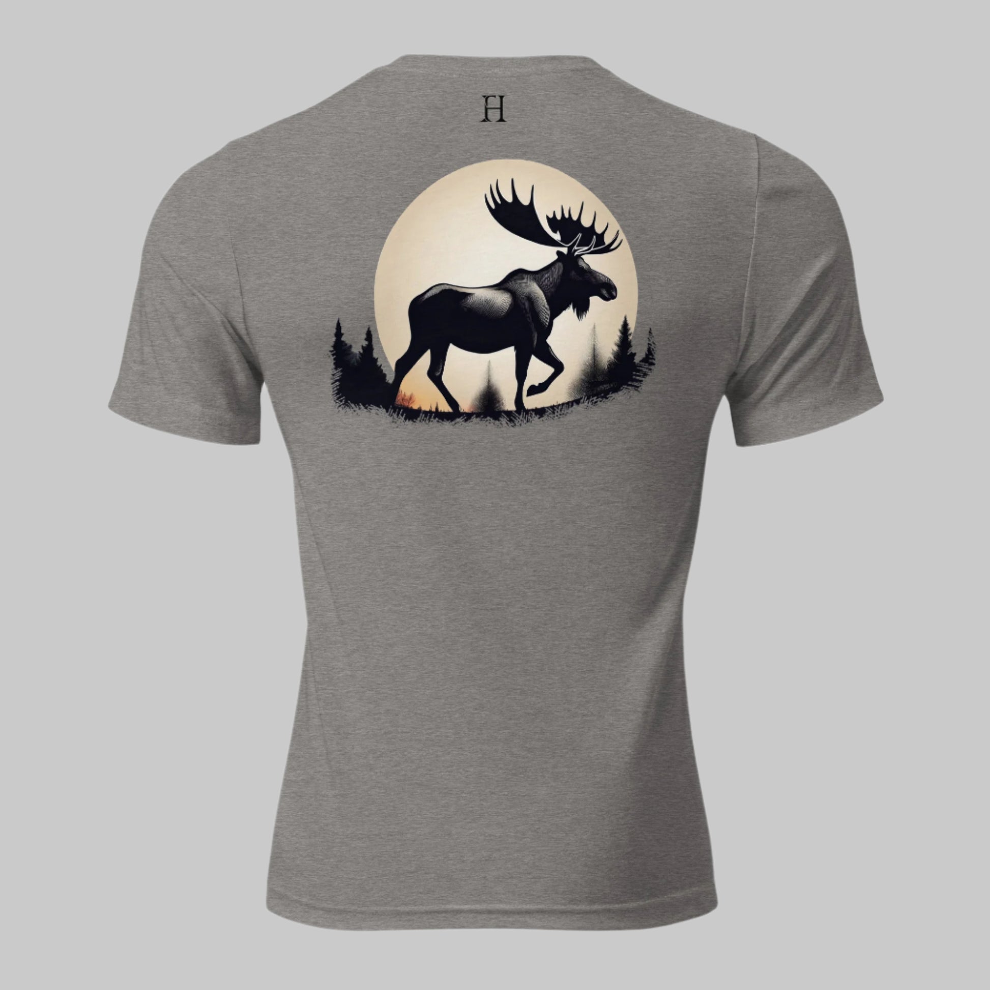 Back of Eclipse Tee in Grey with Bull Moose in front of Full Moon Silhouette design, and FH logo in black.