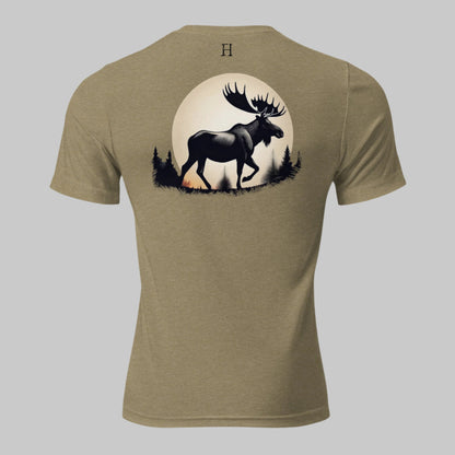 Back of Eclipse Tee in Olive with Bull Moose in front of Full Moon Silhouette design, and FH logo in black.