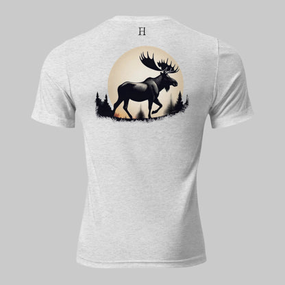 Back of Eclipse Tee in White Fleck with Bull Moose in front of Full Moon Silhouette design, and FH logo in black.