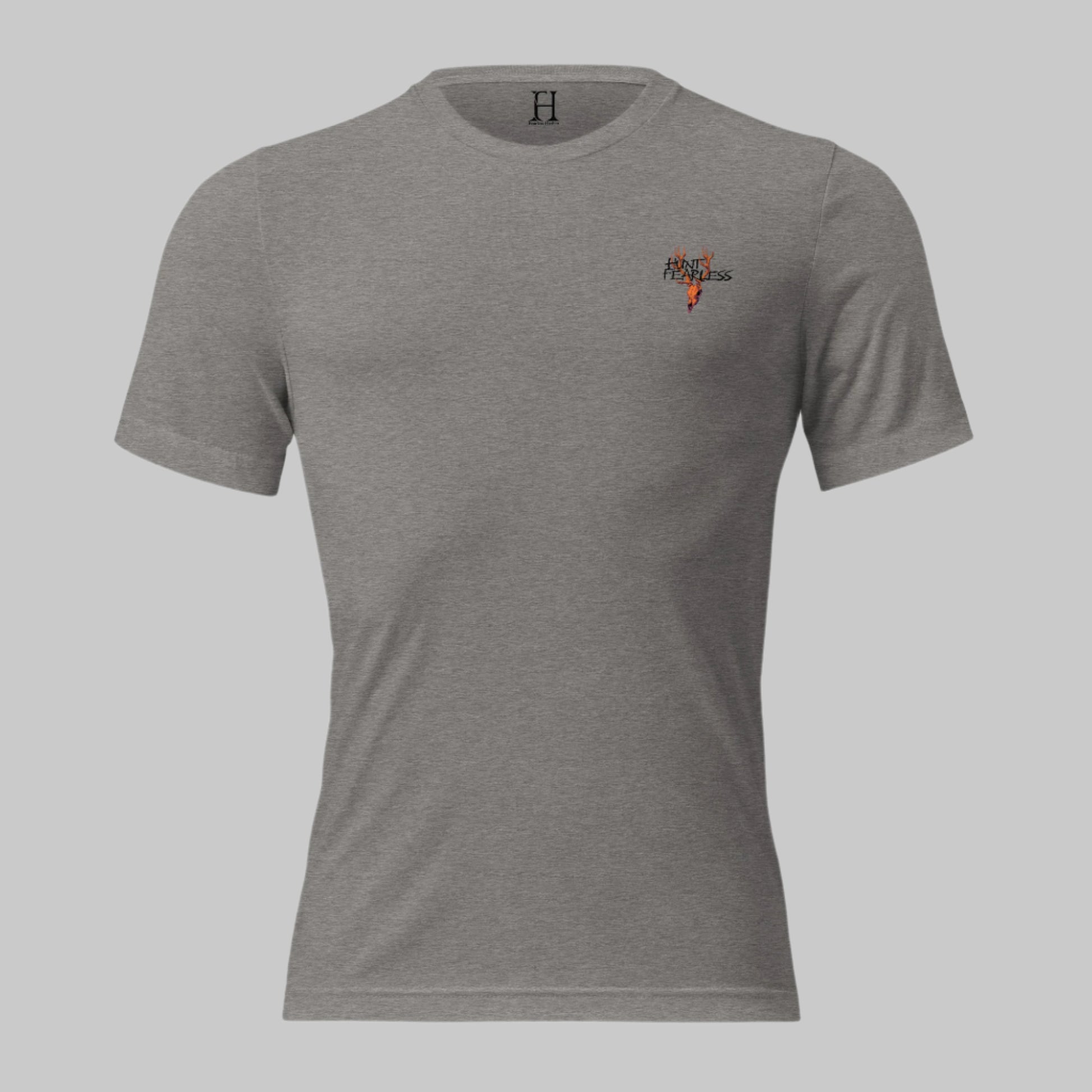 Front of Bull Moose Eclipse T-Shirt in Grey with deer logo and the words Hunt Fearless.