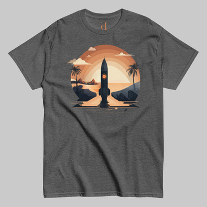 Front of Men’s Space Graphic T-Shirt Sci-Fi Inspired Tee in Dark Grey, image of Rocket Spaceship launching on Beach.