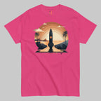 Front of Men’s Space Graphic T-Shirt Sci-Fi Inspired Tee in Heliconia, image of Rocket Spaceship launching on Beach.