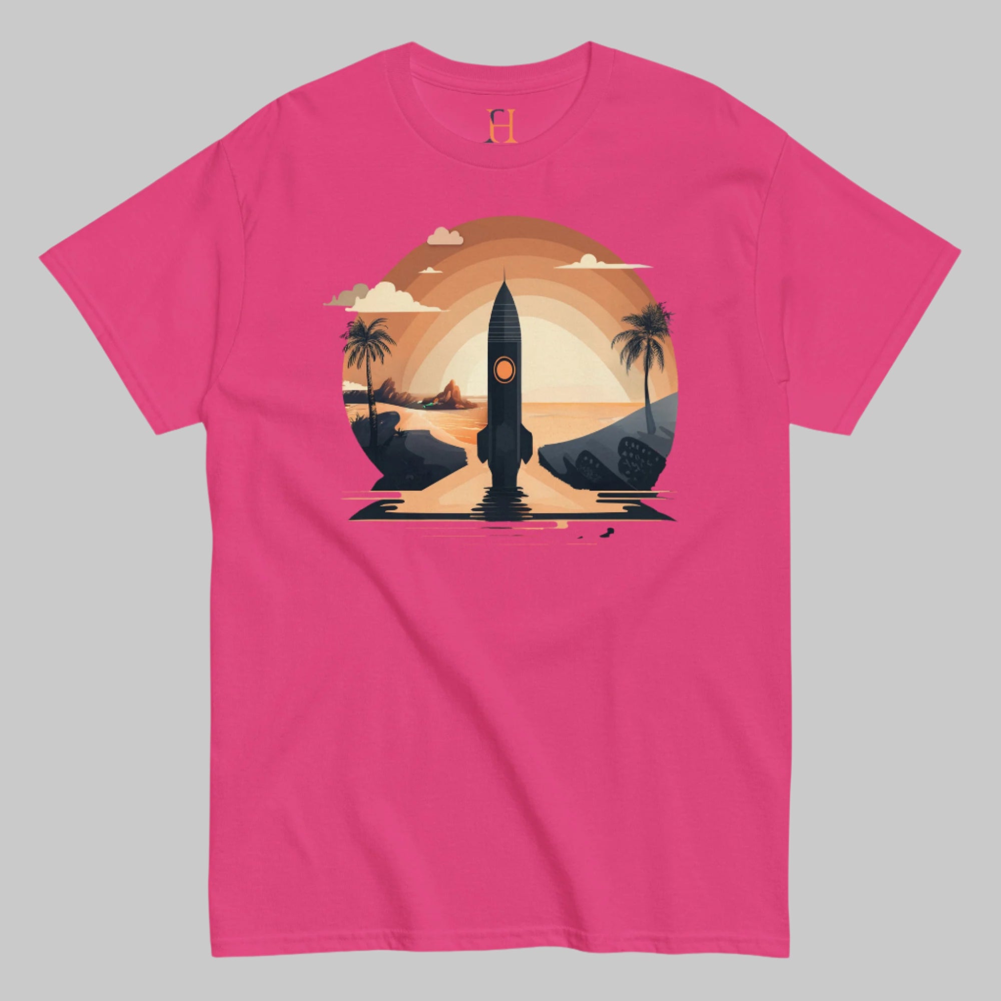 Front of Men’s Space Graphic T-Shirt Sci-Fi Inspired Tee in Heliconia, image of Rocket Spaceship launching on Beach.