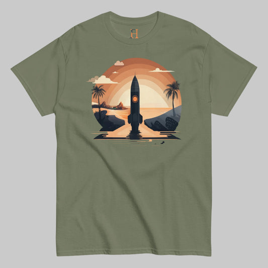 Front of Men’s Space Graphic T-Shirt Sci-Fi Inspired Tee in Military Green, image of Rocket Spaceship launching on Beach.