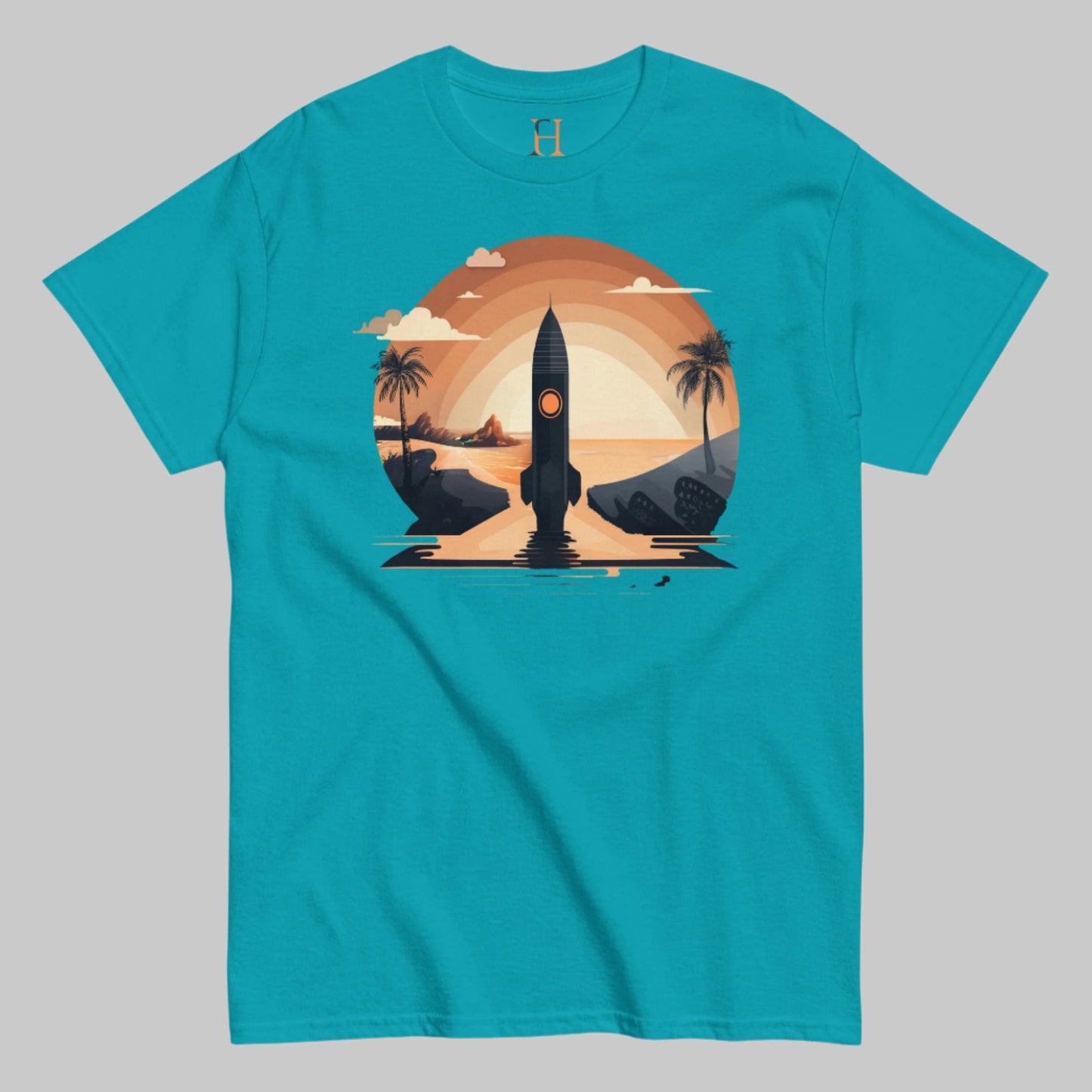 Front of Men’s Space Graphic T-Shirt Sci-Fi Inspired Tee in Tropical Blue, image of Rocket Spaceship launching on Beach.