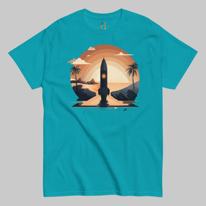 Front of Men’s Space Graphic T-Shirt Sci-Fi Inspired Tee in Tropical Blue, image of Rocket Spaceship launching on Beach.