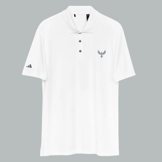 Front of Phoenix adidas Performance Polo Shirt in White, Phoenix logo on upper left chest, adidas on right sleeve in grey.