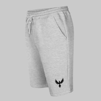 Front Left of Emblem Fleece Shorts in Grey, with a phoenix design on lower right pant leg in black.