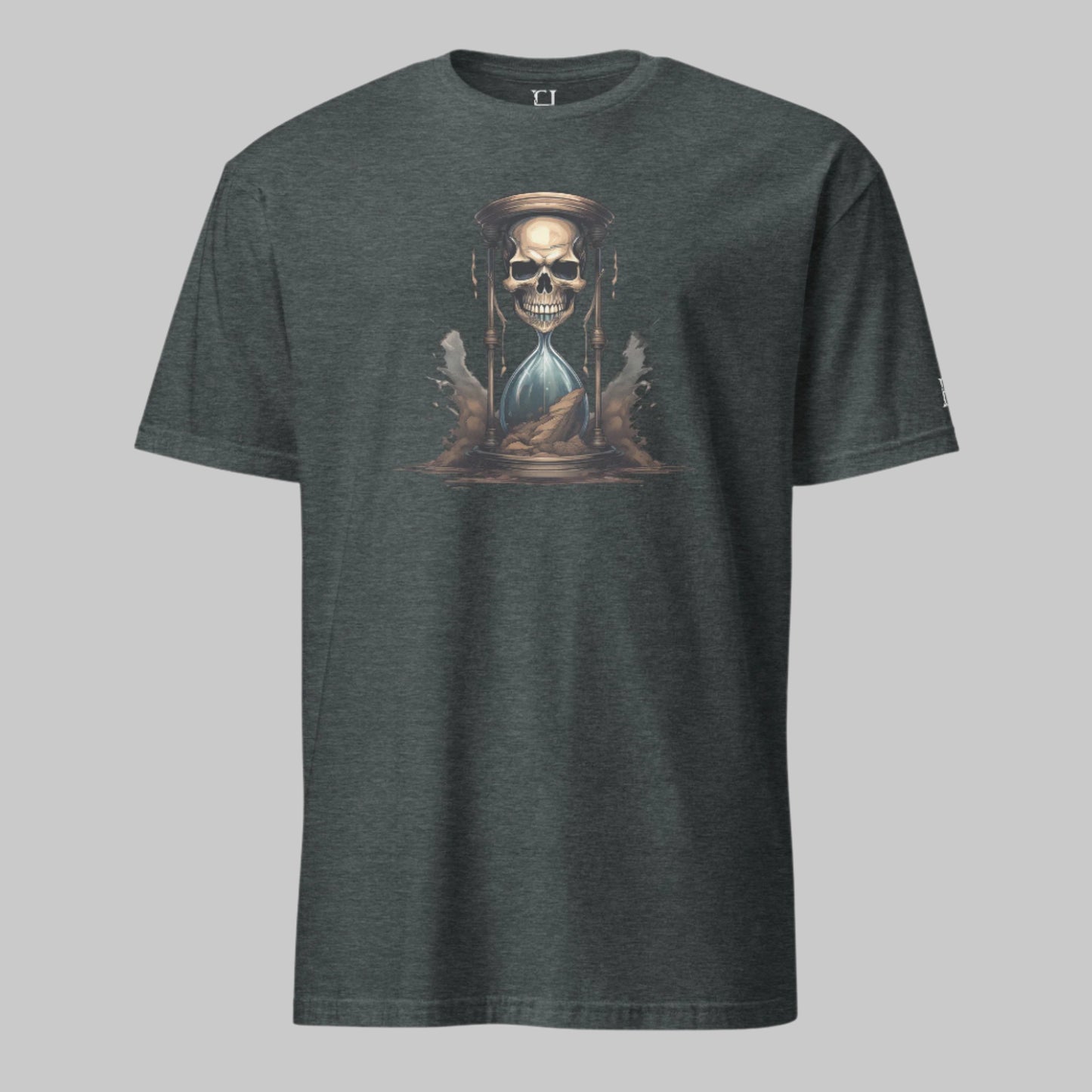 Front of Race Against Time Basic T-Shirt in Dark Heather with a sand of time hourglass made with a skull design.