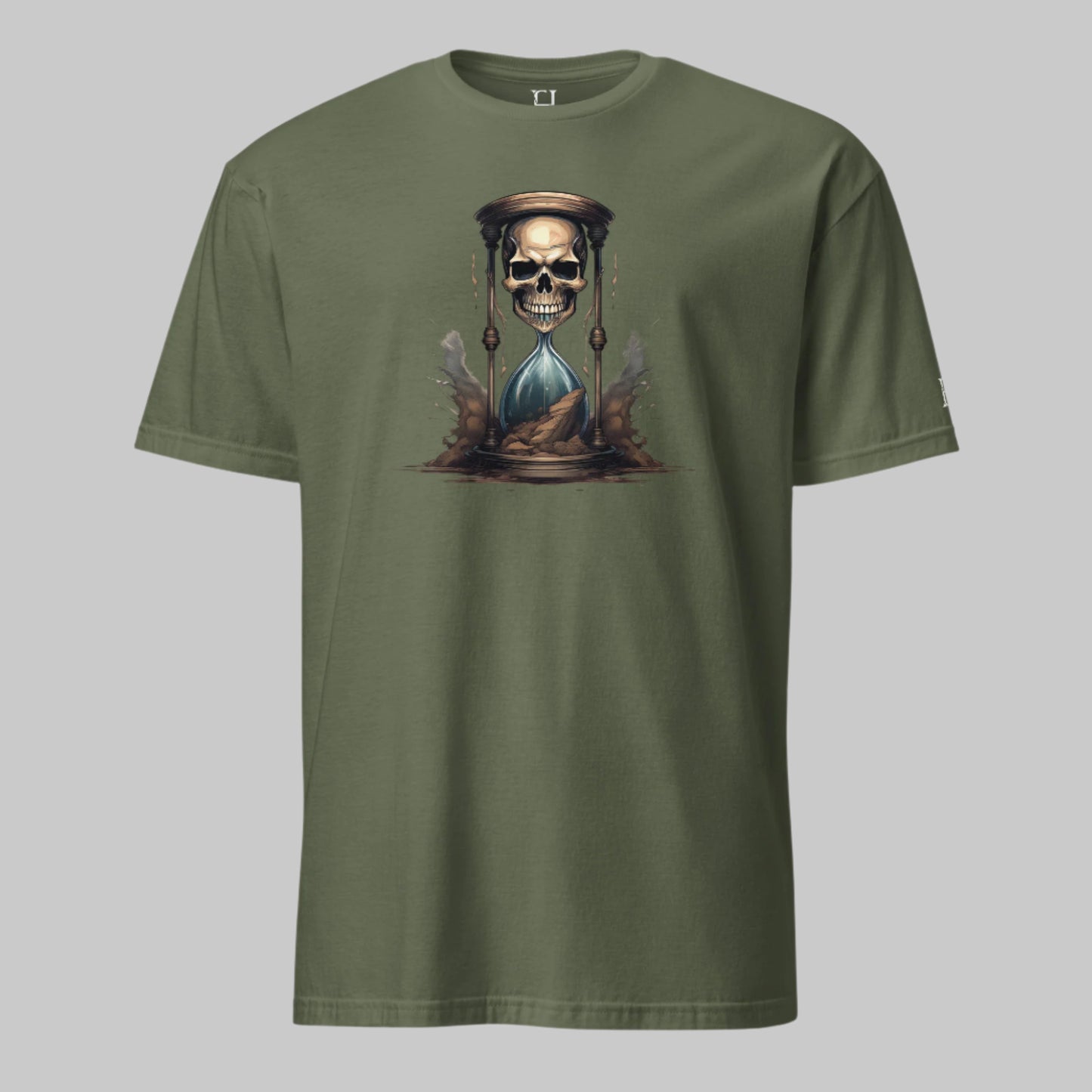 Front of Race Against Time Basic T-Shirt in Military Green with a sand of time hourglass made with a skull design.