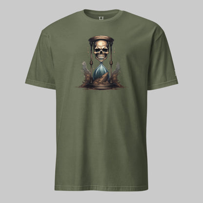 Front of Race Against Time Basic T-Shirt in Military Green with a sand of time hourglass made with a skull design.