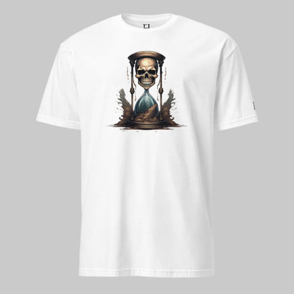 Front of Race Against Time Basic T-Shirt in White with a sand of time hourglass made with a skull design.